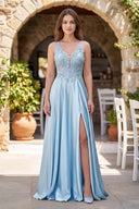 Sky Blue A-Line V-Neck Satin Prom Dress with Slit | KISSPROM
