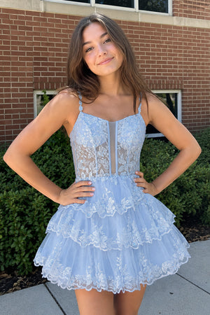 Sky Blue A Line V Neck Sequins Short Homcoming Dresses With Appliques | KISSPROM