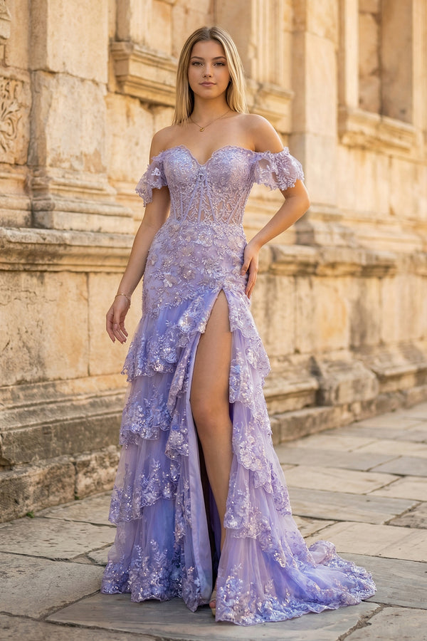 
KissProm-Sky Blue  heath Off the Shoulder Long Lace Prom Dress (Lace-up Back)