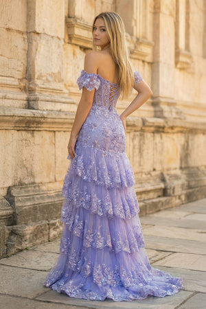 KissProm-Sky Blue  heath Off the Shoulder Long Lace Prom Dress (Lace-up Back)