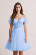 Sky Blue A-line V Neck Tulle Homecoming Dresses | KISSPROM