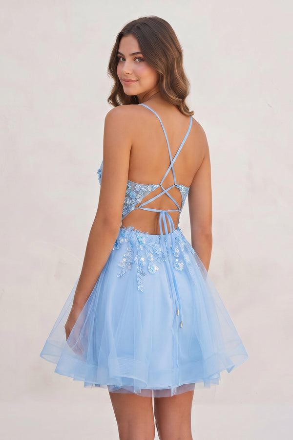 Sky Blue A Line V Neck Tulle Sequined Homecoming Dresses with Appliques (2) | KISSPROM