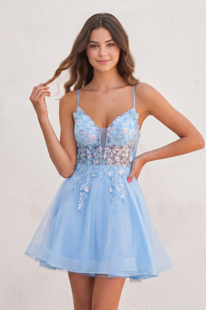 Sky Blue A Line V Neck Tulle Sequined Homecoming Dresses with Appliques | KISSPROM