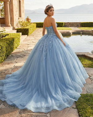 KissProm- Sky Blue Ball-Gown Tulle 3D Flowers Sweetheart Quinceanera Dresses
