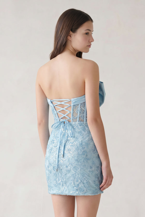 Sky Blue Bodycon Sequined Lace Strapless Corset Homecoming Dresses with Bow | KISSPROM