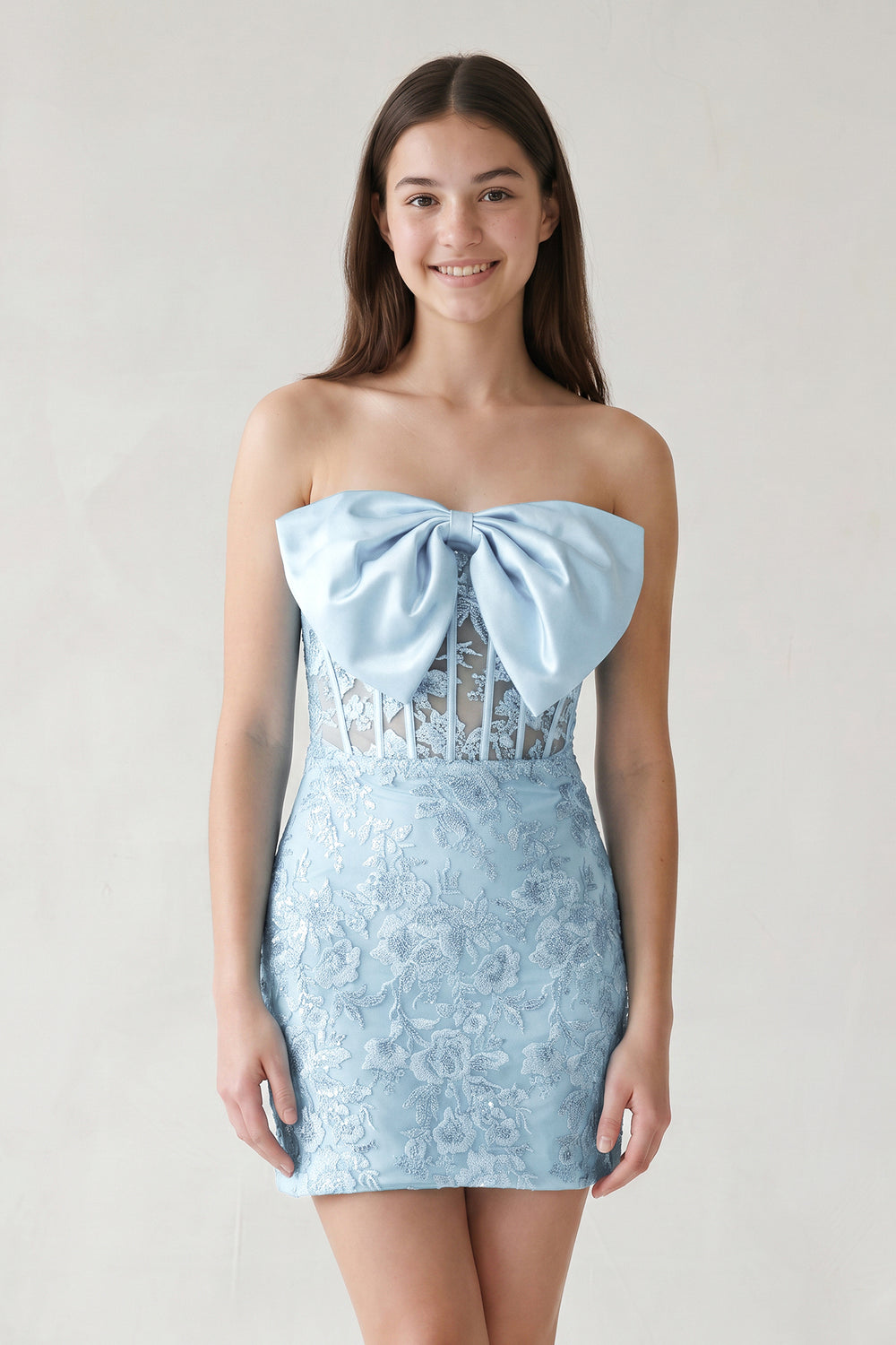 Sky Blue Bodycon Sequined Lace Strapless Corset Homecoming Dresses with Bow | KISSPROM