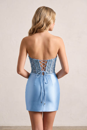 Sky Blue Bodycon Sequined Strapless Corset Homecoming Dresses with Slit (2) | KISSPROM