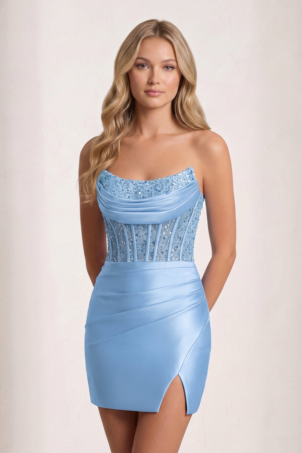 Sky Blue Bodycon Sequined Strapless Corset Homecoming Dresses with Slit | KISSPROM