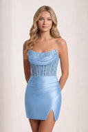 Sky Blue Bodycon Sequined Strapless Corset Mini Party Dress with Slit | KISSPROM