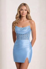 Sky Blue Bodycon Sequined Strapless Corset Mini Party Dress with Slit | KISSPROM
