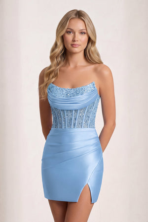 Sky Blue Bodycon Sequined Strapless Corset Mini Party Dress with Slit | KISSPROM