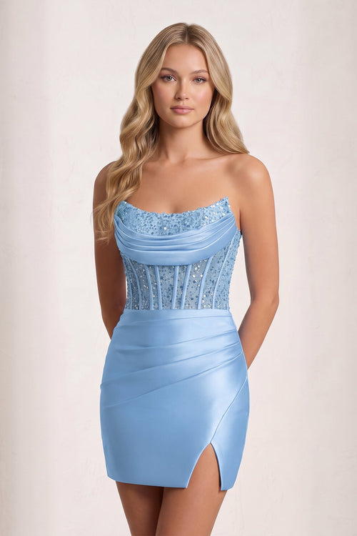 Sky Blue Bodycon Sequined Strapless Corset Mini Party Dress with Slit | KISSPROM