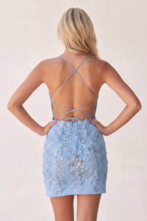 Sky Blue Bodycon Spaghetti Straps Sequined Mini Party Dresses with Lace Appliques (2) | KISSPROM