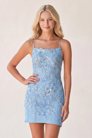 Sky Blue Bodycon Spaghetti Straps Sequined Mini Party Dresses with Lace Appliques | KISSPROM