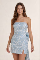 Sky Blue Bodycon Strapless Borcade Floral Homecoming Dresses With Bow | KISSPROM