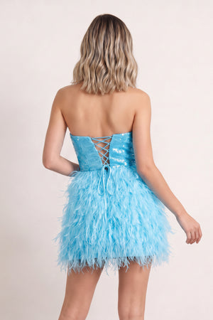 Sky Blue Bodycon Strapless Sequin Mini Homecoming Dresses with Feathers (2) | KISSPROM