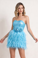 Sky Blue Bodycon Strapless Sequin Mini Homecoming Dresses with Feathers | KISSPROM