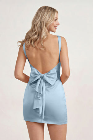 Sky Blue Bodycon V-Neck Satin Short Homecoming Dress with Bow (2) | KISSPROM