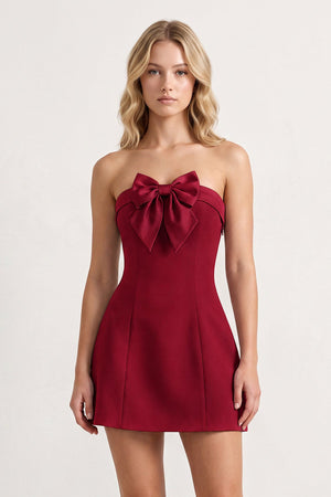 Burgundy Bowknot Strapless Sheath Satin Homecoming Dress | KISSPROM