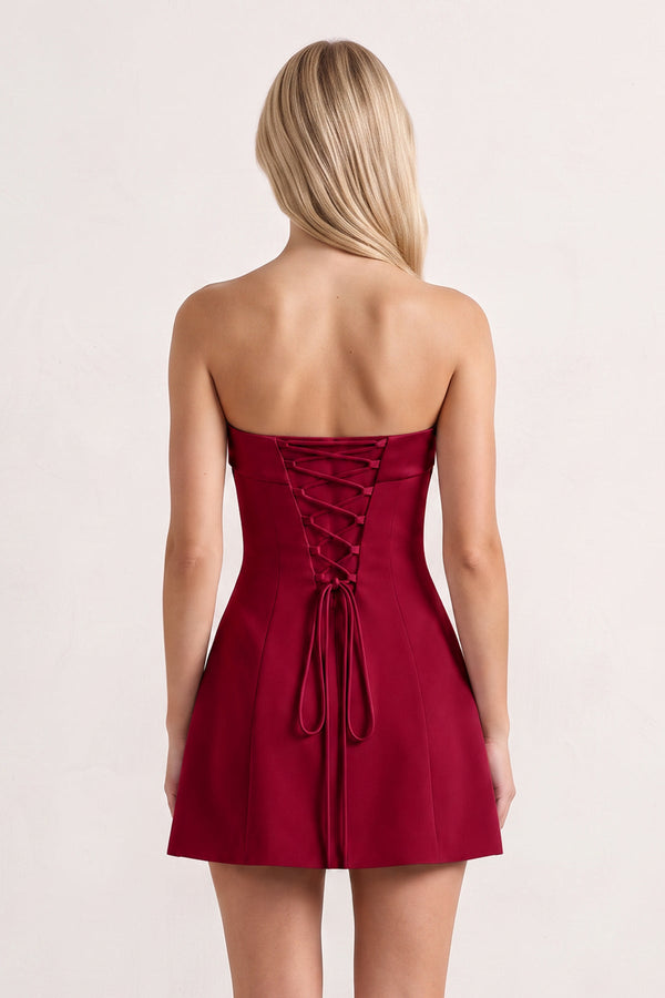 Burgundy Bowknot Strapless Sheath Satin Homecoming Dress (2) | KISSPROM