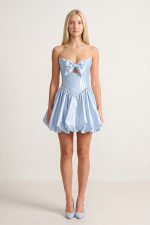 Sky Blue Bowknot Sweetheart Bubble Hem A-Line Satin Homecoming Dress - KISSPROM