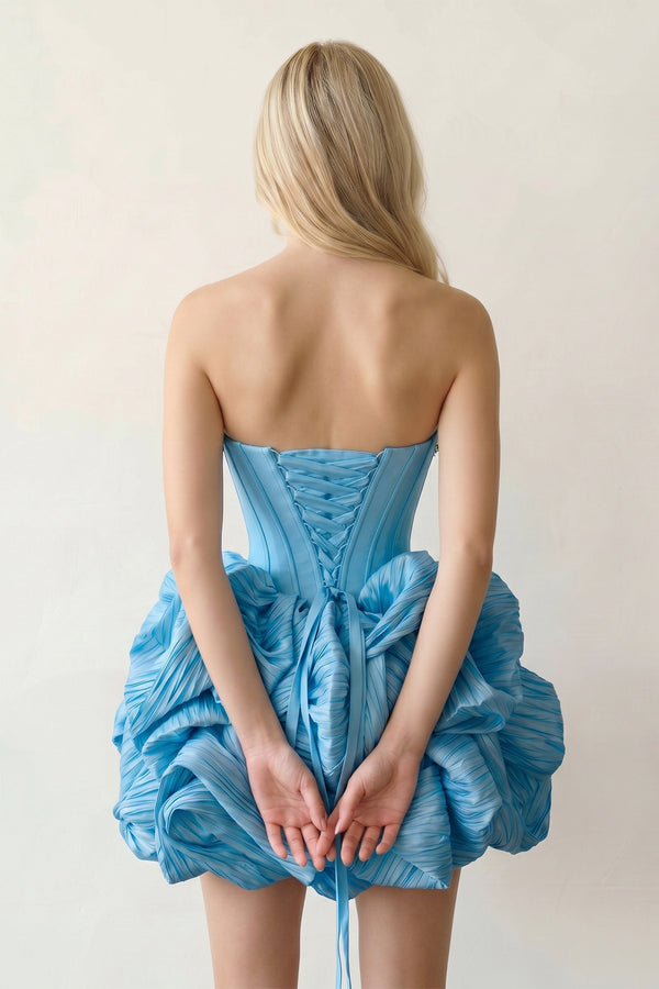 Blue Bubble Hem Strapless Basque Waist Homecoming Dress With Beading - KISSPROM