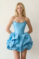 Blue Bubble Hem Strapless Basque Waist Homecoming Dress With Beading - KISSPROM