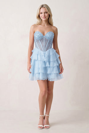 Sky Blue Coral Pink Sweetheart Tiered Ruffled A-Line Corset Chiffon Homecoming Dress (2) | KISSPROM