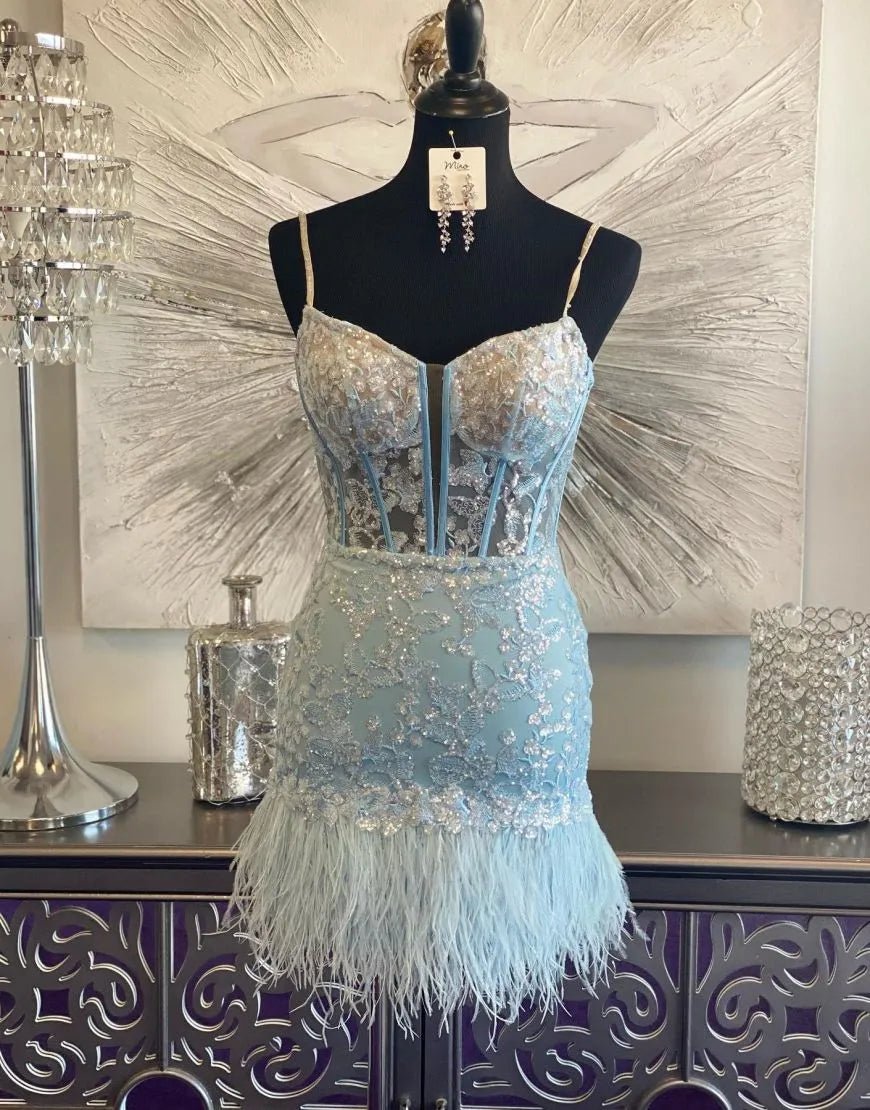 Sky Blue Corset Lace Tight Short Homecoming Dress with Feathers Pink / 6