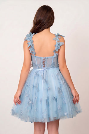 Blue Aline Short Tulle Prom Dress with 3D Butterflies - KISSPROM