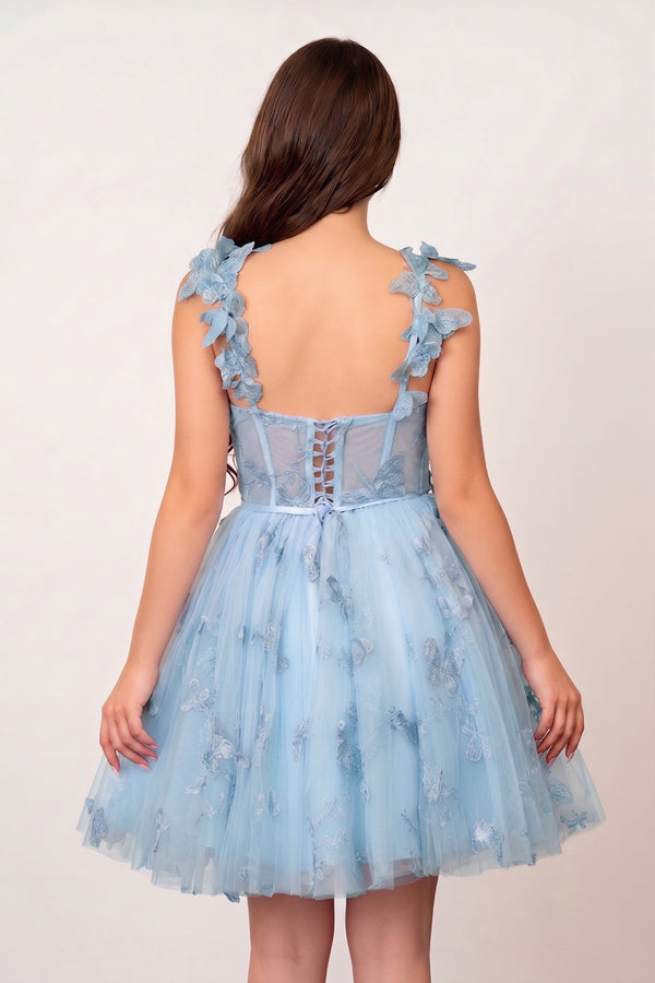 Blue Aline Short Tulle Prom Dress with 3D Butterflies - KISSPROM