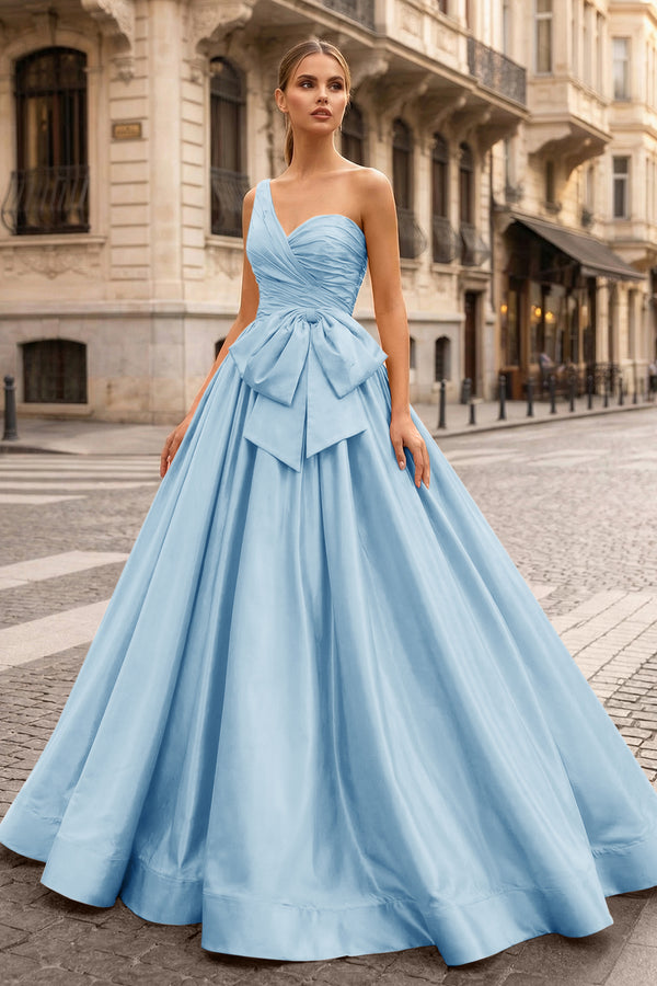 KissProm-Sky Blue One Shoulder Satin A Line Prom Dress With Bow