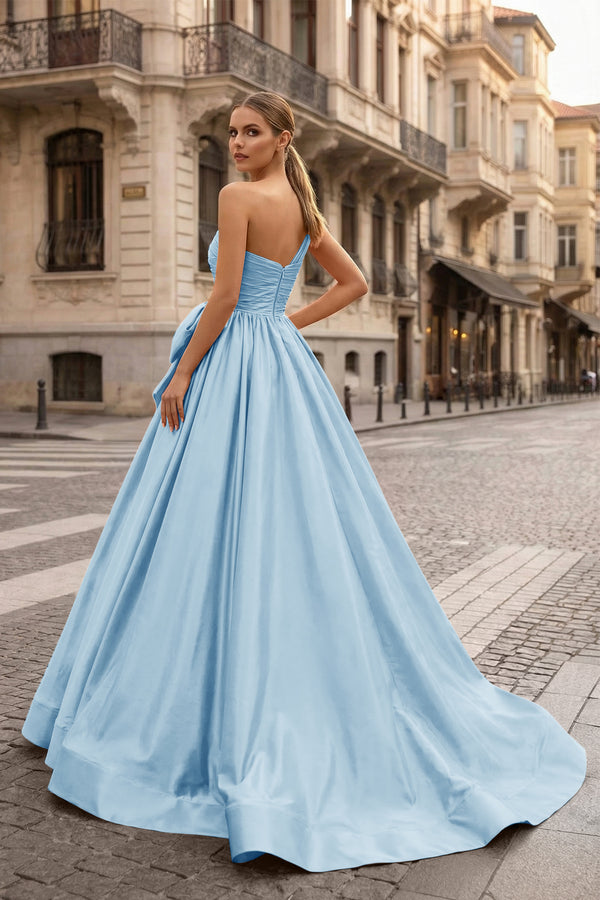 KissProm-Sky Blue One Shoulder Satin A Line Prom Dress With Bow