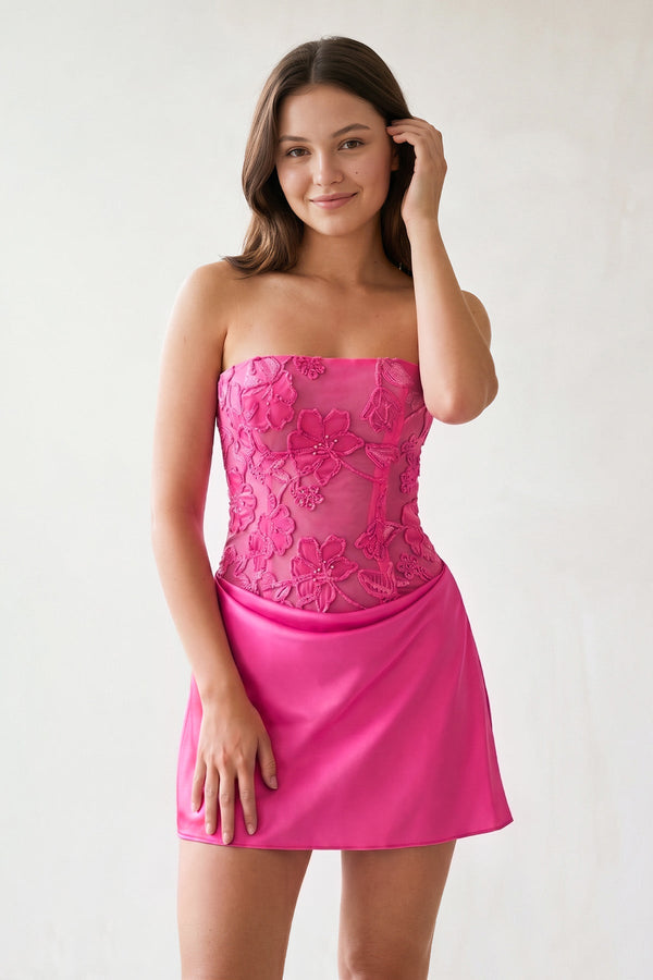 Fuchsia Embroidered A-Line Strapless Satin Homecoming Dress | KISSPROM