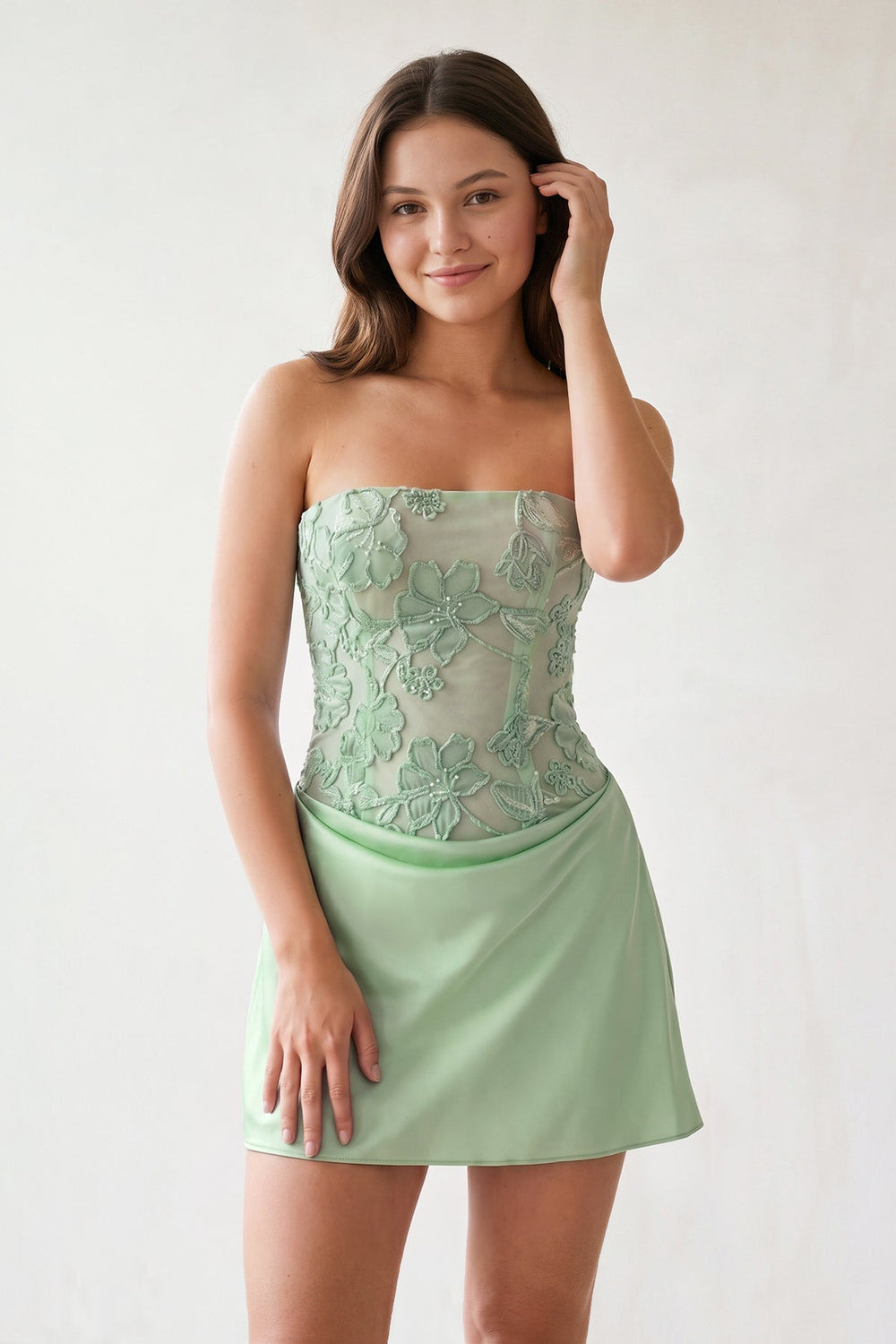 Sage Green Embroidered A-Line Strapless Satin Homecoming Dress | KISSPROM