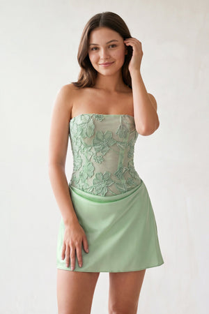 Sage Green Embroidered A-Line Strapless Satin Homecoming Dress | KISSPROM