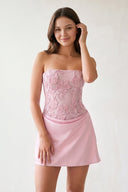 Pink Embroidered A-Line Strapless Satin Homecoming Dress | KISSPROM