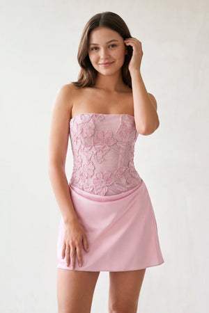Pink Embroidered A-Line Strapless Satin Homecoming Dress | KISSPROM