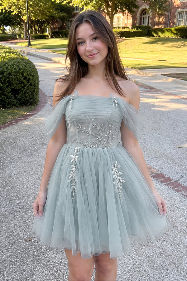 Fairy-tale Tulle Beaded Off-the-Shoulder Lace-Up Back A-Line Party Dress - KissProm 