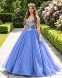 Sky Blue Glitter Tulle Sweetheart Black Long Quinceanera Dresses | KISSPROM