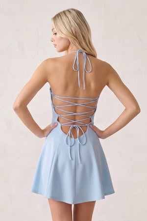 Sky Blue Halter A-Line Embroidery Satin Short Homecoming Dress (4) | KISSPROM