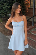 Sky Blue Halter A-Line Embroidery Satin Short Homecoming Dress | KISSPROM