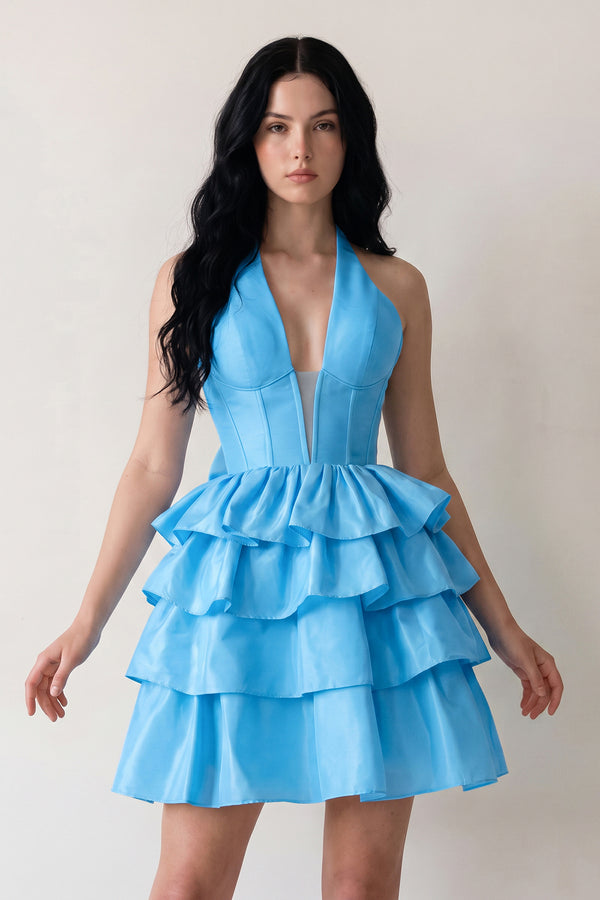 Sky Blue Halter A Line Ruffles Satin Homecoming Dress With Bow (2) | KISSPROM