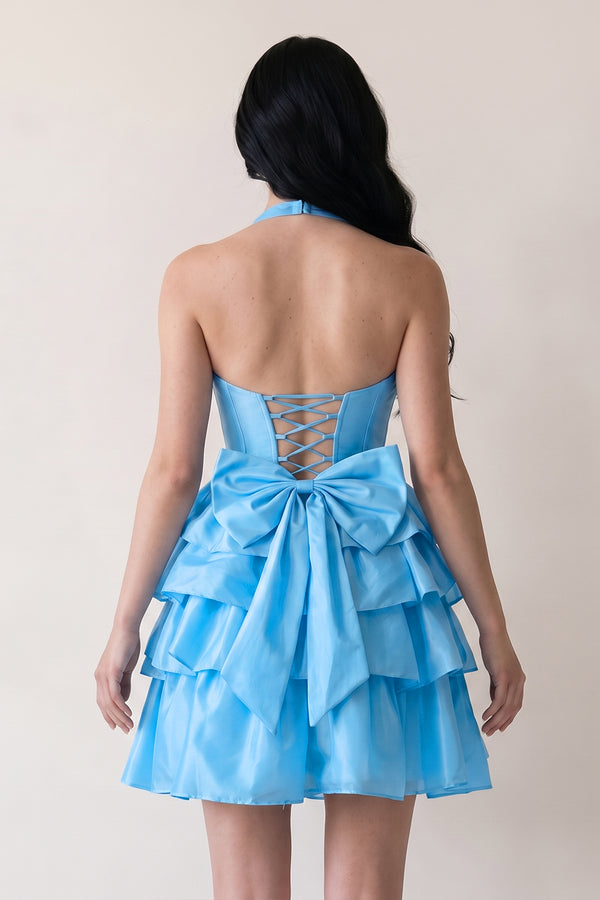 Sky Blue Halter A Line Ruffles Satin Homecoming Dress With Bow | KISSPROM