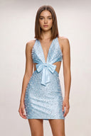 Sky Blue Halter Cut-Out Satin Sheath Homecoming Dress with Bow and Pearl | KISSPROM