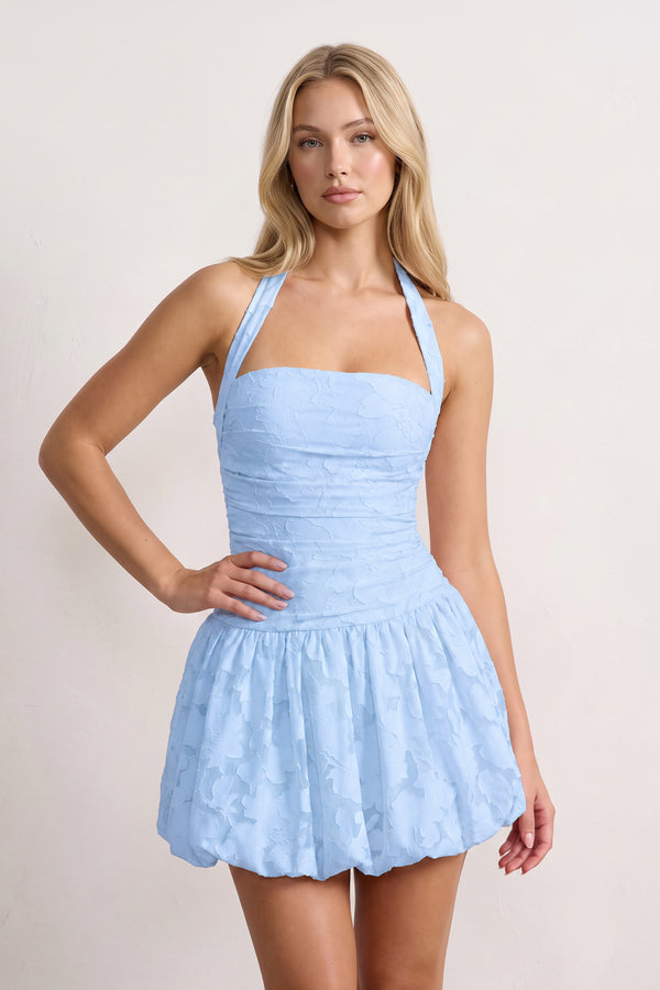 Sky Blue Halter Jacquard Chiffon A-Line Homecoming Dress | KISSPROM