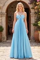 Sky Blue Halter Pleated Satin A Line Prom Dresses With Cutout | KISSPROM