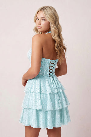 Sky Blue Halter Tiered Satin A-Line Corset Homecoming Dress With Pearl | KISSPROM
