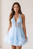 Sky Blue Halter Tulle Tiered A-Line Homecoming Dress With Lace Appliques | KISSPROM