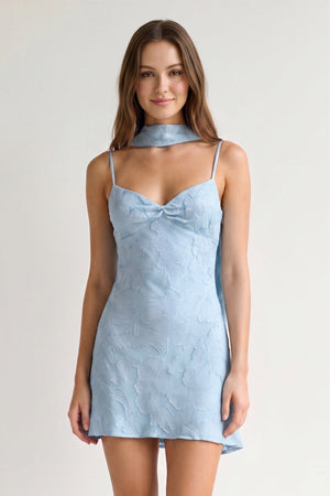 Sky Blue Jacquard Chiffon Cami Straps Sheath Homecoming Dress with Scarf | KISSPROM